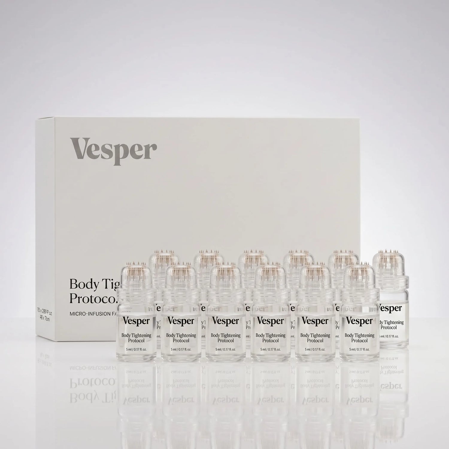 Vesper kit — 4 single-use applicators and 12 serum vials in a white box