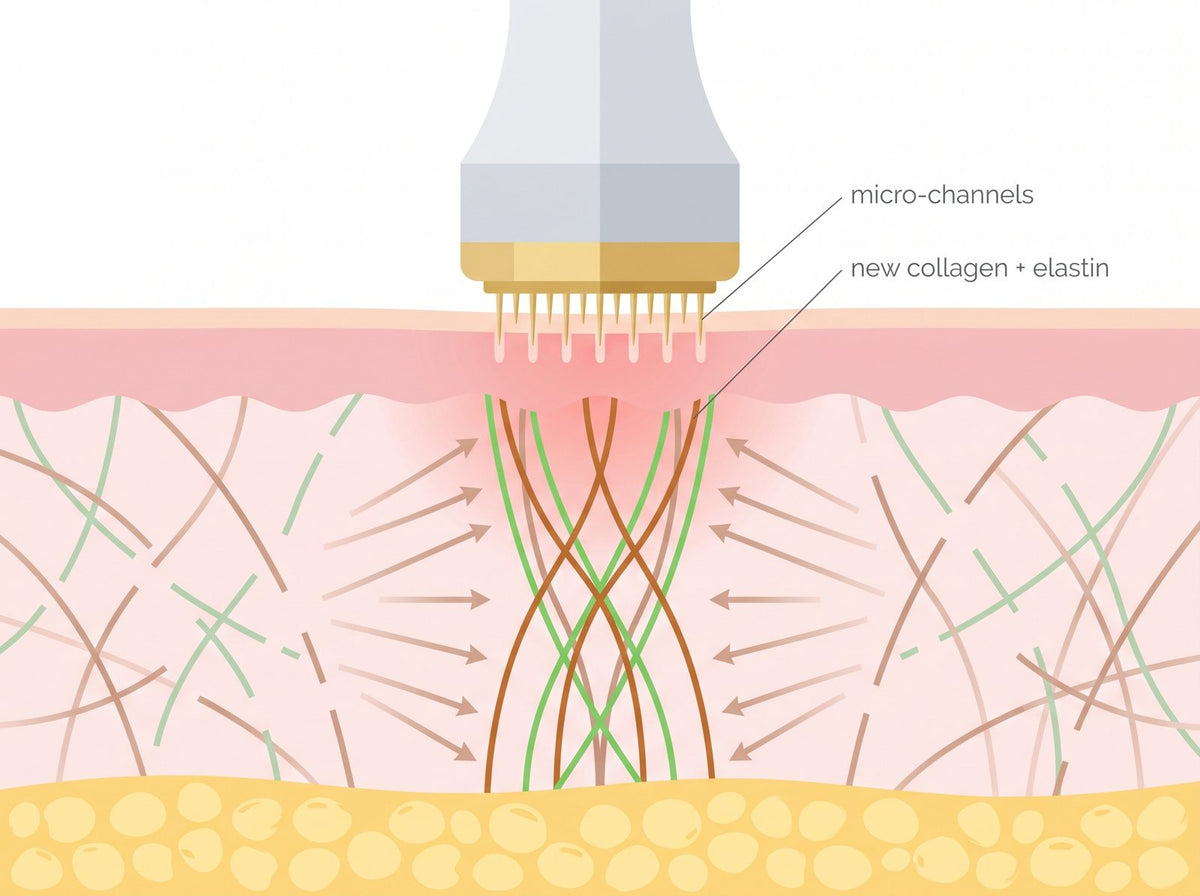 Microneedling cross-section: a stamp creates shallow micro-channels that trigger the body to build new collagen and elastin in the dermis